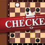 Kahverengi kareli bir dama tahtası üzerinde konumlanmış siyah ve beyaz taşlar, ortasında kırmızı bir şerit üzerinde büyük beyaz harflerle CHECKERS yazısı bulunuyor