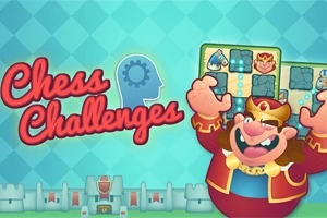 Kareli mavi arka plan üzerinde, gülümseyen bir kral karakteri, elinde satranç tahtasını andıran bir kart tutuyor ve yanında Chess Challenges yazısı bulunuyor