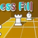 Üç boyutlu bir satranç tahtasında beyaz satranç taşları (at, kale, fil) ve Chess Fill yazısı