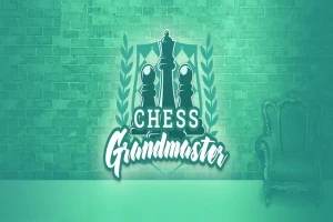 Yeşil tonlarda tuğla bir duvarın önünde satranç figürleri ve Chess Grandmaster yazısı