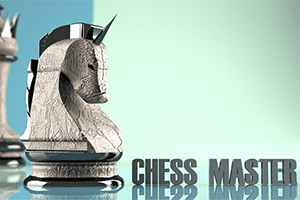 Tahta zemin üzerinde büyük bir satranç atı figürünün yanında Chess Master yazısı