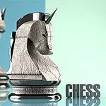 Tahta zemin üzerinde büyük bir satranç atı figürünün yanında Chess Master yazısı