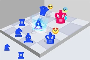 Mavi ve kırmızı satranç taşlarıyla, bazı emojilerin yer aldığı üç boyutlu bir satranç tahtası