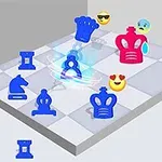 Mavi ve kırmızı satranç taşlarıyla, bazı emojilerin yer aldığı üç boyutlu bir satranç tahtası