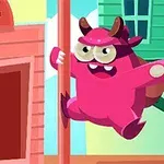 Pembe bir canavar, arka planda bir bina ve banka yazılı tabela önünde koşarken görülüyor