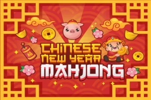 Kırmızı ve altın temalı Çin Yeni Yılı kutlaması, bir domuz figürü, paralar, çiçekler ve bir çocuğun yanı sıra Chinese New Year Mahjong metni ile süslenmiş