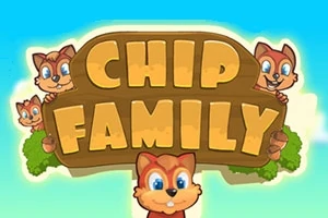 Sevimli sincap karakterlerinin çevrelediği büyük bir tahta tabelada CHIP FAMILY yazısı