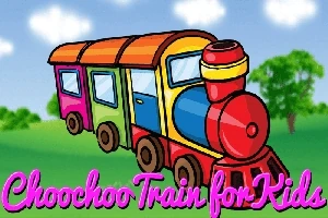 Renkli bir tren çizimi, arka planda yeşil çimenlik ve gökyüzünde bulutlar ile birlikte, Choochoo Train for Kids yazısı