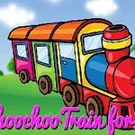 Renkli bir tren çizimi, arka planda yeşil çimenlik ve gökyüzünde bulutlar ile birlikte, Choochoo Train for Kids yazısı
