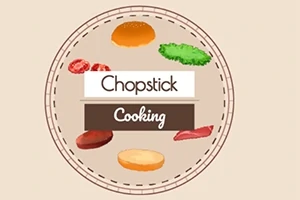 Beyaz ve kahverengi üzerinde Chopstick Cooking yazısı etrafında hamburger malzemeleri gösterimi