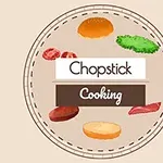 Beyaz ve kahverengi üzerinde Chopstick Cooking yazısı etrafında hamburger malzemeleri gösterimi
