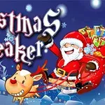 Noel Baba hediyelerle dolu kızağında oturuyor ve ona bir ren geyiği eşlik ediyor, arka planda mavi kar taneleri ve büyük beyaz bir yazı ile Play butonu bulunuyor