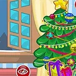 Kırmızı beyaz kıyafetli kadın, süslemelerle dolu bir Noel ağacı ve hediye paketleriyle süslenmiş iç mekân