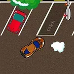 Üstten görünümde bir otoparkta park etmeye çalışan turuncu bir arabanın etrafında kırmızı ve mor arabalar, çimenler ve sokak lambaları görülüyor