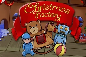 Oyuncaklarla dolu bir odada Christmas Factory yazılı kırmızı bir afişin önünde ayı, tahta at, robot ve bebek giysili bir bebek