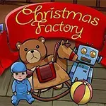 Oyuncaklarla dolu bir odada Christmas Factory yazılı kırmızı bir afişin önünde ayı, tahta at, robot ve bebek giysili bir bebek