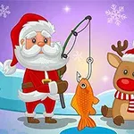 Noel Baba ve Ren geyiği, karlı bir arka planda balık tutuyor