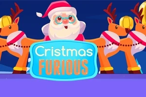 Noel Baba ve iki ren geyiği, Cristmas Furious yazılı mavi bir tabelayla