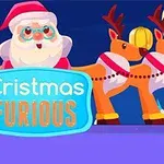 Noel Baba ve iki ren geyiği, Cristmas Furious yazılı mavi bir tabelayla