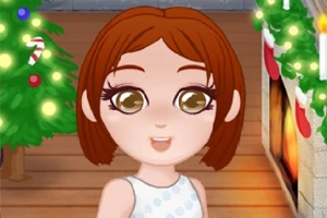 Kısa kızıl saçlı, büyük gözlü anime tarzı bir karakter, yılbaşı temalı bir odada Noel ağacı ve şömine önünde duruyor