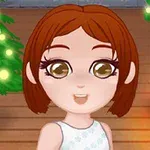 Kısa kızıl saçlı, büyük gözlü anime tarzı bir karakter, yılbaşı temalı bir odada Noel ağacı ve şömine önünde duruyor