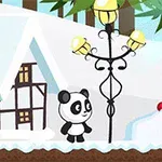 Karlarla kaplı bir ormanda, bir panda, sokak lambası ve şeker çubuğu ile karlı bir sahne