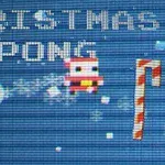 Mavi bir arka plan üzerinde CHRISTMAS PONG yazısı, Noel Baba karakteri, beyaz bir top ve şeker kamışı şeklinde iki çubuk