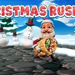 Karda hediye çuvalı taşıyan Noel Baba ve arkada kardan adamlar