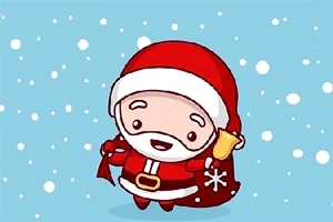 Kırmızı kıyafetli şirin Noel Baba figürü karlı mavi bir arka planda, elinde çan tutuyor