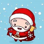 Kırmızı kıyafetli şirin Noel Baba figürü karlı mavi bir arka planda, elinde çan tutuyor