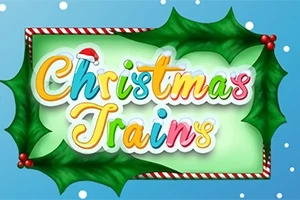 Renkli Christmas Trains yazısı, üzerinde Noel Baba şapkası olan yazı ve etrafında çelenk süslemeleri ile mavi arka plan