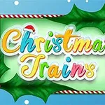 Renkli Christmas Trains yazısı, üzerinde Noel Baba şapkası olan yazı ve etrafında çelenk süslemeleri ile mavi arka plan