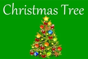 Christmas Tree Yeşil arka planda süslenmiş bir Noel ağacı ve üst kısmında Christmas Tree yazısı