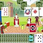 Noel Baba ve ilginç karakterlerin olduğu, arka planda hediyelerle dolu bir yılbaşı temalı kart oyunu sahnesi