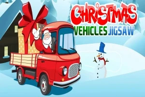 Kırmızı kamyonun içinde büyük bir hediye taşıyan Noel Baba ve kardan adam
