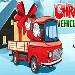 Kırmızı kamyonun içinde büyük bir hediye taşıyan Noel Baba ve kardan adam
