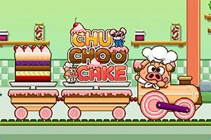 Bir tren şeklinde tasarlanmış pasta vagonları ve üzerinde CHU CHOO CAKE yazısı bulunan bir fırın şefi temalı çizgi karakter