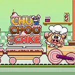 Bir tren şeklinde tasarlanmış pasta vagonları ve üzerinde CHU CHOO CAKE yazısı bulunan bir fırın şefi temalı çizgi karakter