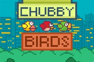 Piksel tarzında sarı, kırmızı ve yeşil kuşlarla şehir manzarası önünde Chubby Birds metni