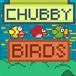 Piksel tarzında sarı, kırmızı ve yeşil kuşlarla şehir manzarası önünde Chubby Birds metni