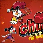 Üç farklı çizgi karakter ve Chuck Chicken The Magic Egg yazısı, kırmızı arka planda dinamik pozisyonlarda