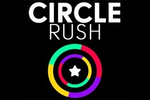 Siyah arka plan üzerinde CIRCLE RUSH yazısı ve merkezinde beyaz bir yıldız bulunan, renkli halkalardan oluşan bir tasarım