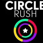 Siyah arka plan üzerinde CIRCLE RUSH yazısı ve merkezinde beyaz bir yıldız bulunan, renkli halkalardan oluşan bir tasarım