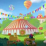 Renkli bayraklarla süslenmiş, kırmızı-beyaz bir çadırın önünde oyuncaklar ve balonlarla dolu bir panayır alanı