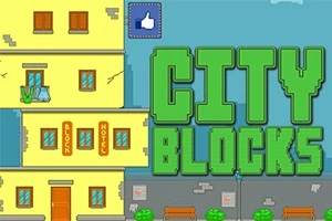 Sarı bir bina, yeşil büyük harflerle yazılmış City Blocks yazısı ve mavi fonda park alanı