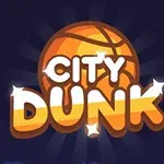 Turuncu bir basketbol topunun önünde parlayan yıldızlarla süslenmiş City Dunk yazısı