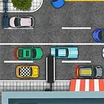 Üstten bir görüşle, altı farklı renkte aracın yan yana parkedildiği bir şehir sokağı ve kırmızı-beyaz tenteli bir bina