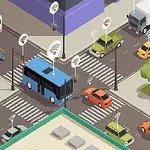 Şehirde bulunan bir kavşakta otobüs, arabalar ve yaya geçitleri üzerinde kablosuz bağlantı simgeleri olan bir sokak sahnesi