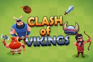 Viking temalı savaşçı karakterler, baltalar, kalkanlar ve yay kullanan figürler ile Clash of Vikings yazısı