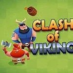 Viking temalı savaşçı karakterler, baltalar, kalkanlar ve yay kullanan figürler ile Clash of Vikings yazısı